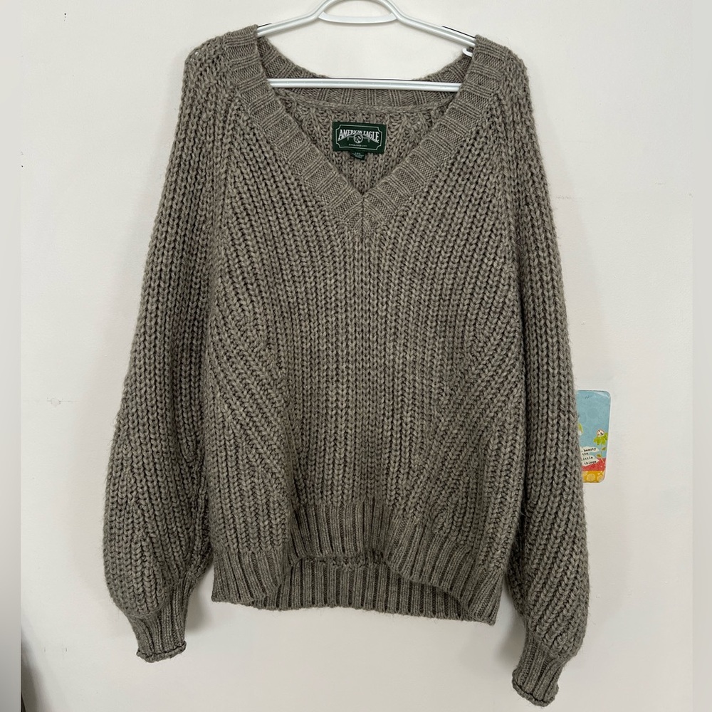 American Eagle Sage Green Chunky Knit V-Neck Sweater